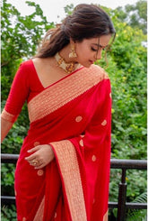 Cadmium Red Silk Saree With Beautiful Jacquard Border