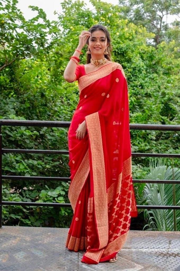 Cadmium Red Silk Saree With Beautiful Jacquard Border