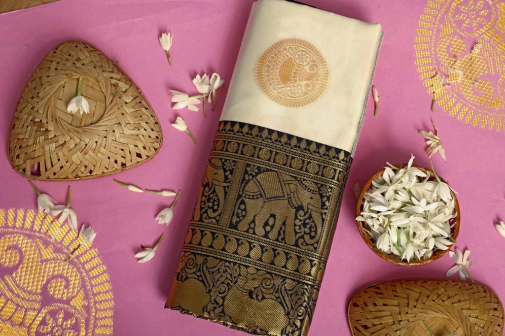 White & Black Color Kanjivaram Silk Jacquard Work Saree With Golden Zari Weaving