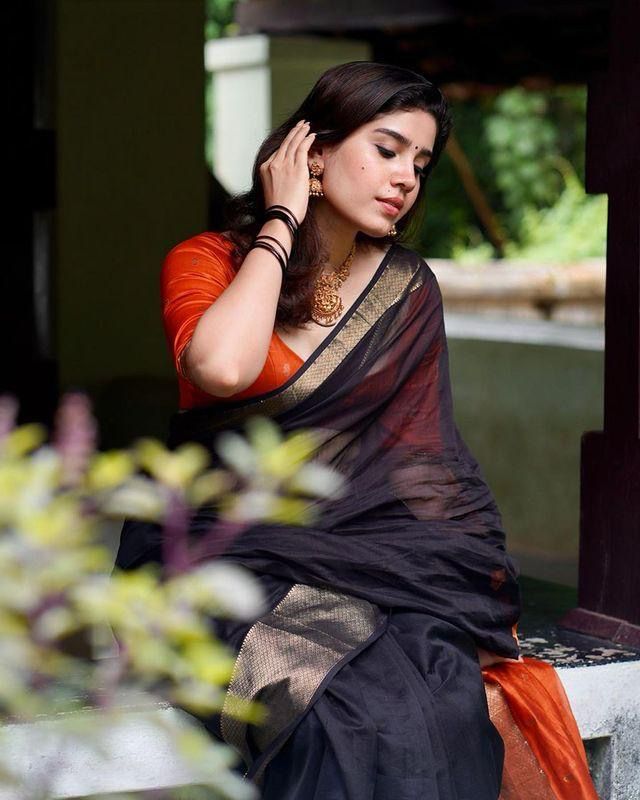 Black & Orange Soft Linen Saree With Zari Weaving Work