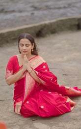 Folly Red Silk Saree With Beautiful Tassels & Blouse Piece