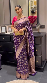 Purple Taupe Banarasi Silk Saree With Rich Pallu & Jhalar