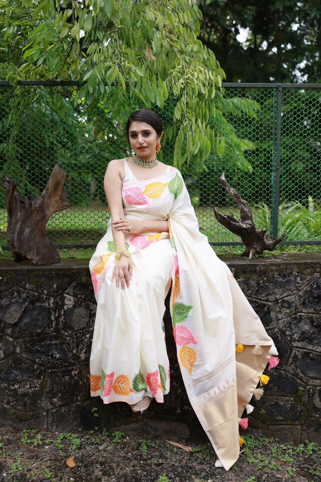 Woven Banarasi Saree with Leaf Contrast Border