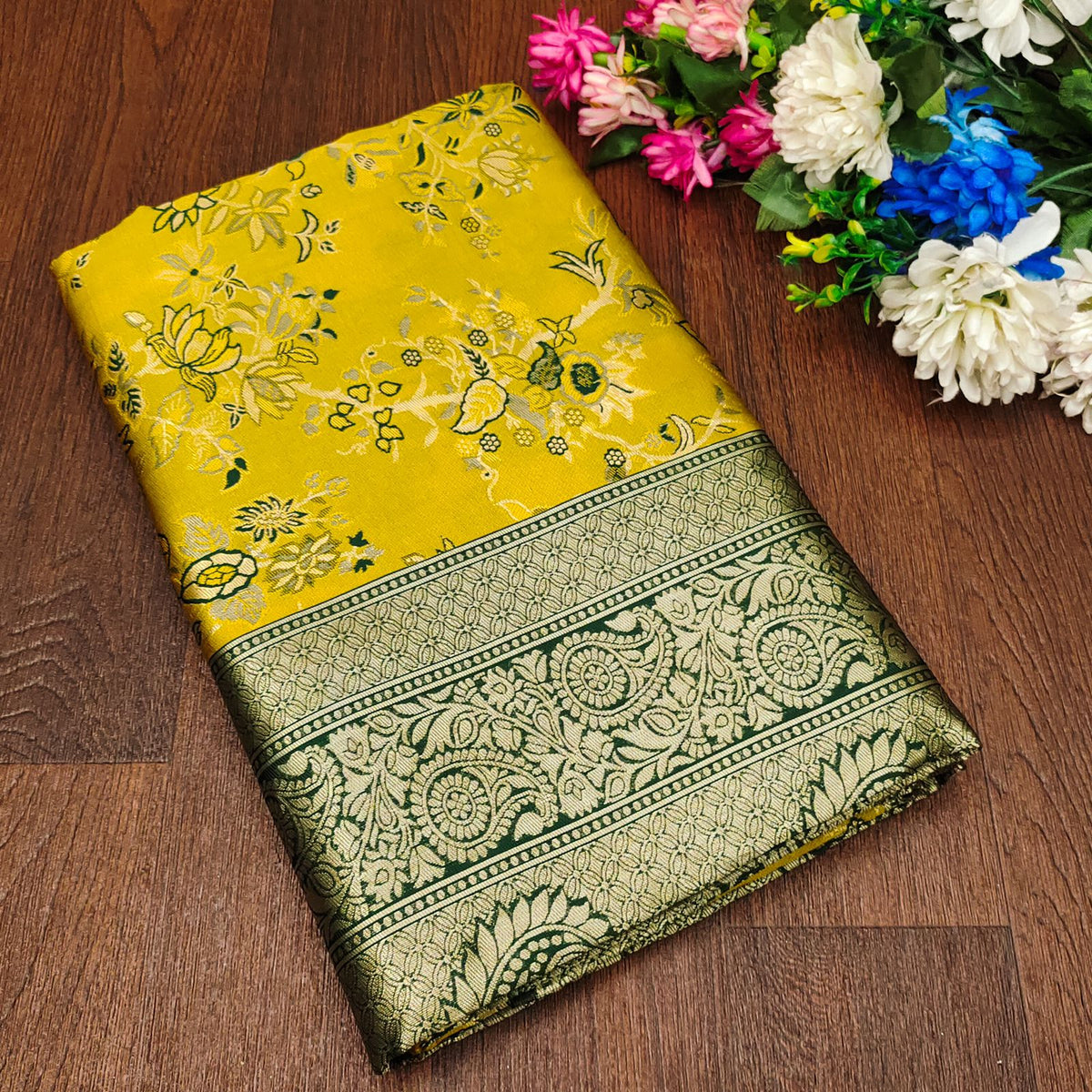 Mustard Yellow Banarasi Silk Saree With Rich Pallu Design