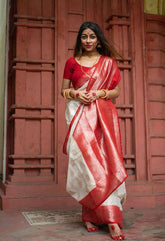 Banarasi Silk Saree With Zari Work & Contrast Border-White & Red