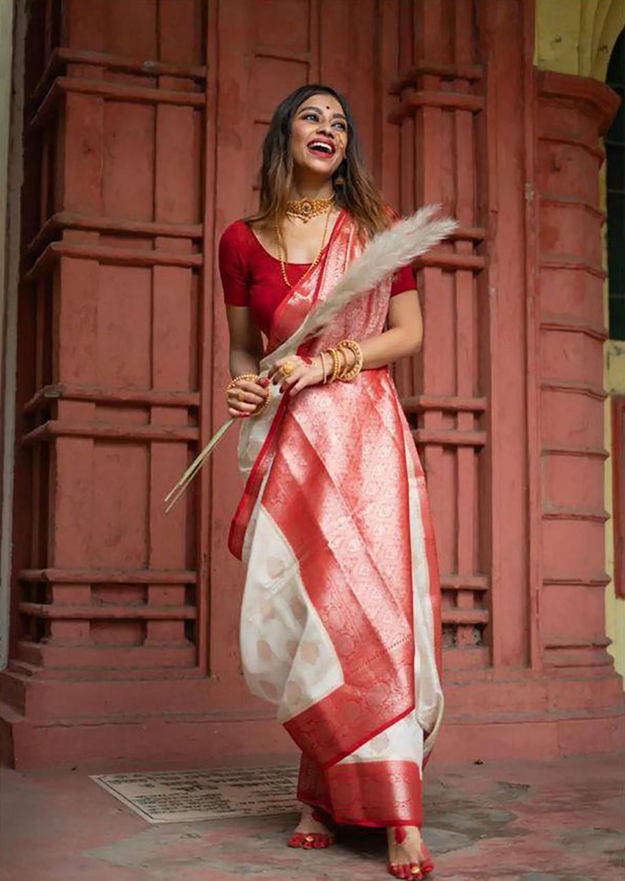 Banarasi Silk Saree With Zari Work & Contrast Border-White & Red