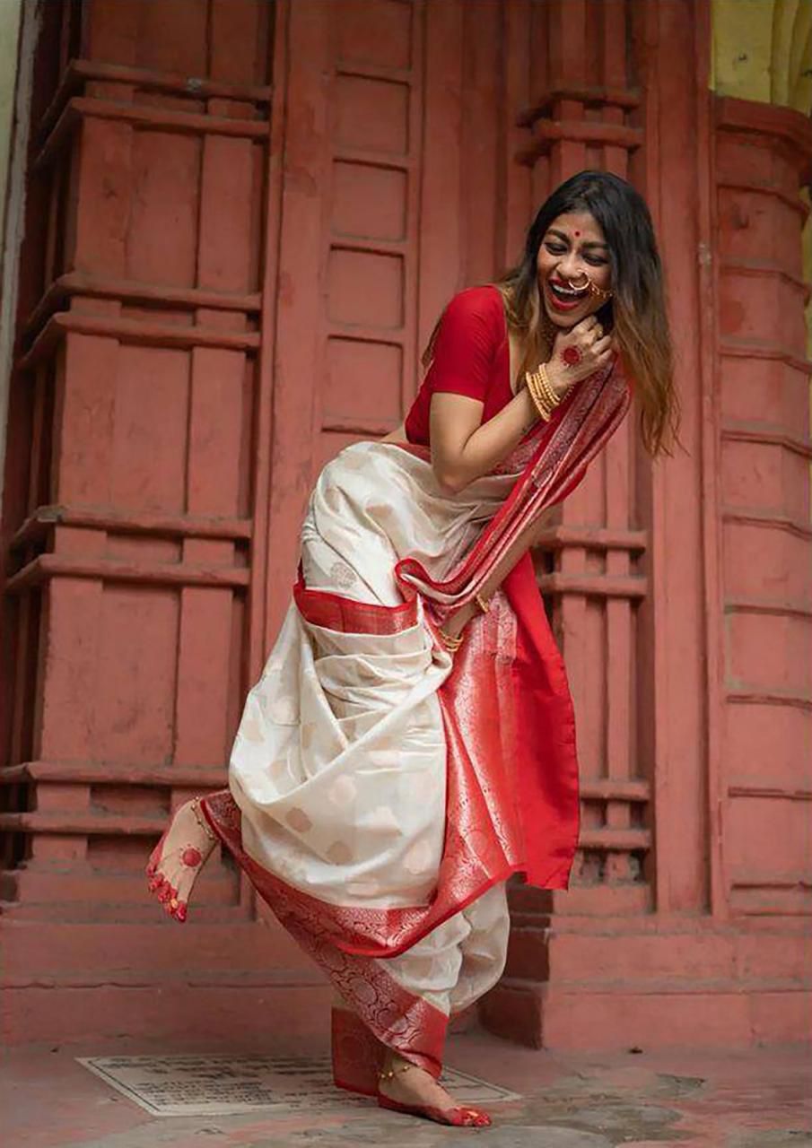 Banarasi Silk Saree With Zari Work & Contrast Border-White & Red