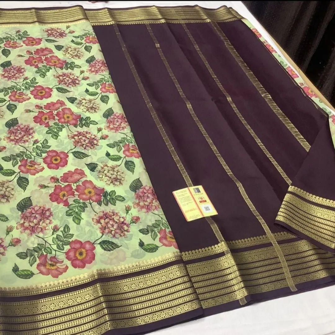 Printed Flower Mysore Crepe Silk Saree Festive Wear