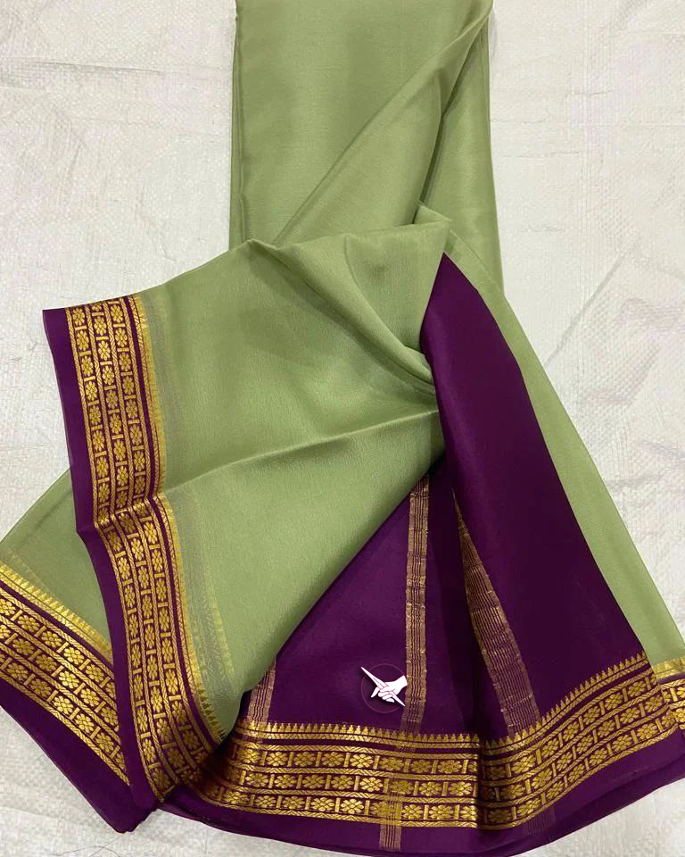 Olivine Pure Mysore Silk Saree With Golden Zari Border