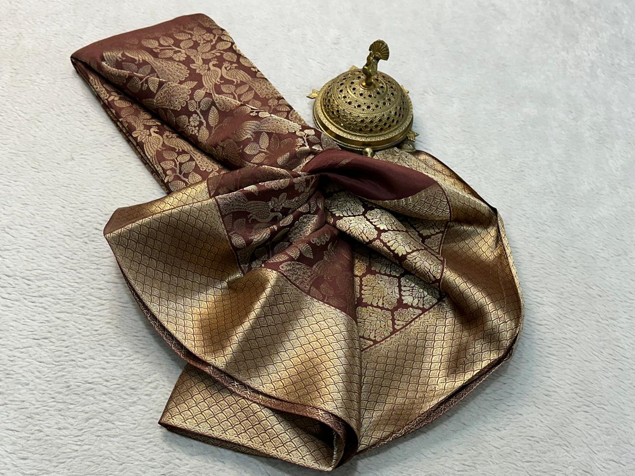 Brown Coffee Color Pure Mysore Silk Saree with Full Golden Zari Weaving