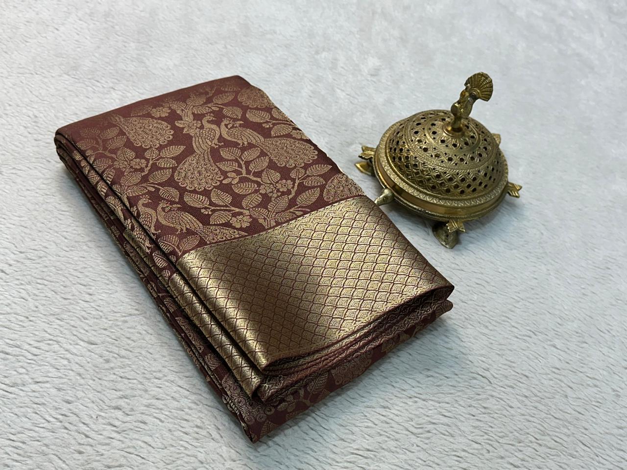 Brown Coffee Color Pure Mysore Silk Saree with Full Golden Zari Weaving