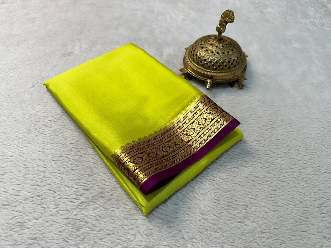 Bitter Lemon Pure Mysore Silk Saree With Beautiful Zari Border