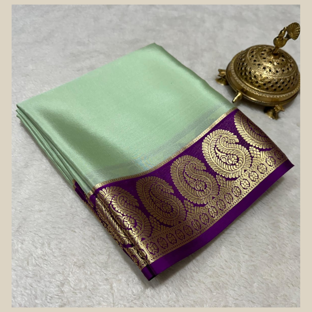 Light Moss Green Pure Mysore Silk Saree With Beautiful Zari Border
