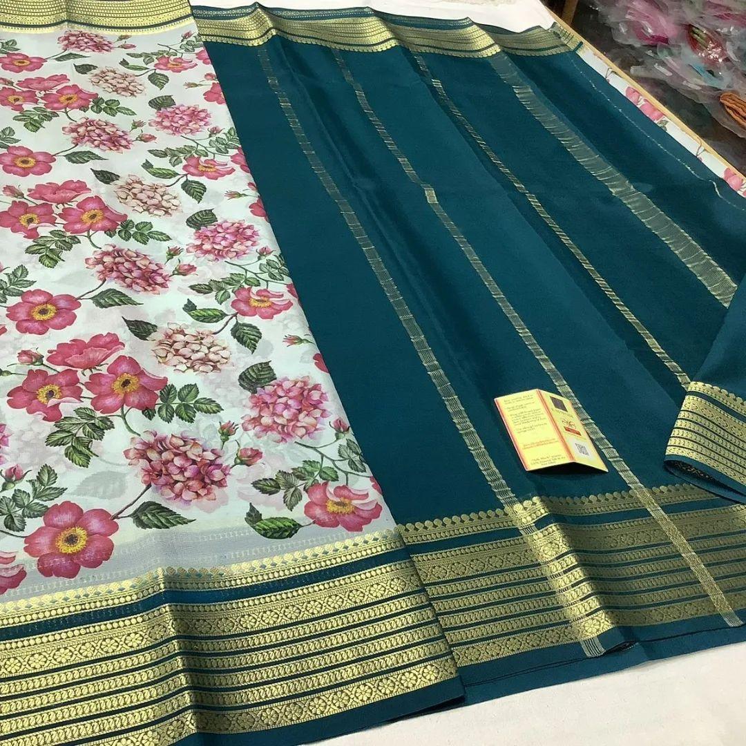 Beautiful Mysore Flower Printed Crepe Silk Saree