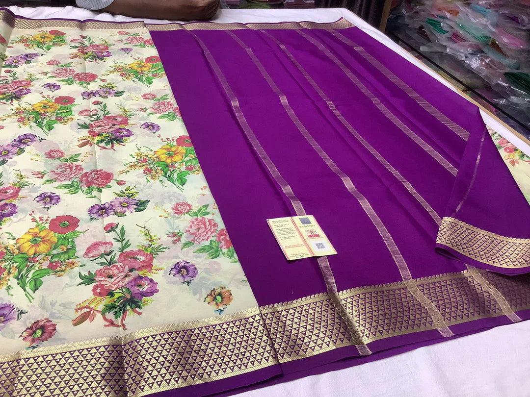 Mysore Floral Printed Handloom Crepe Silk Saree