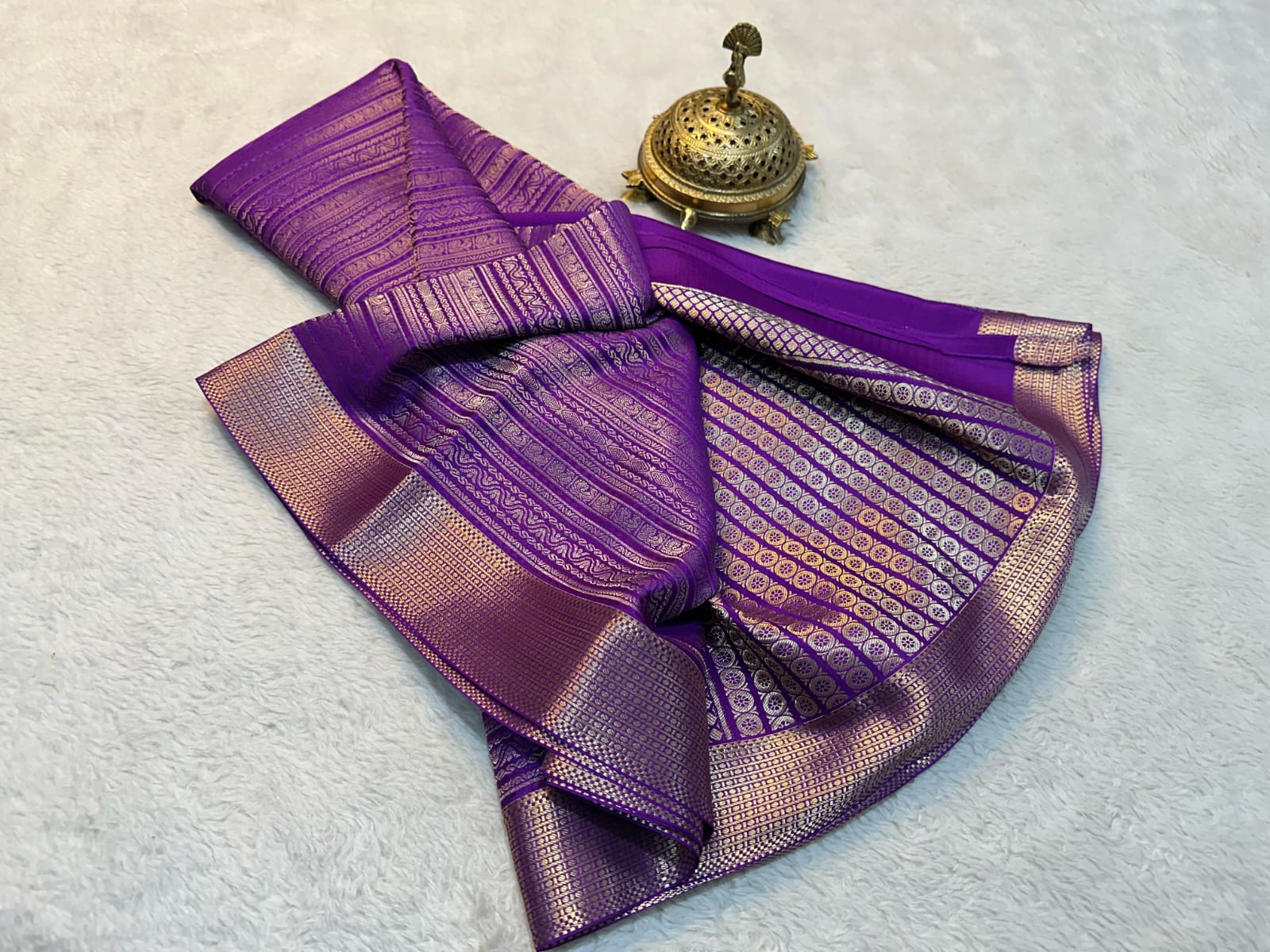 Purple Color Pure Mysore Silk Saree With Full Golden Zari Work