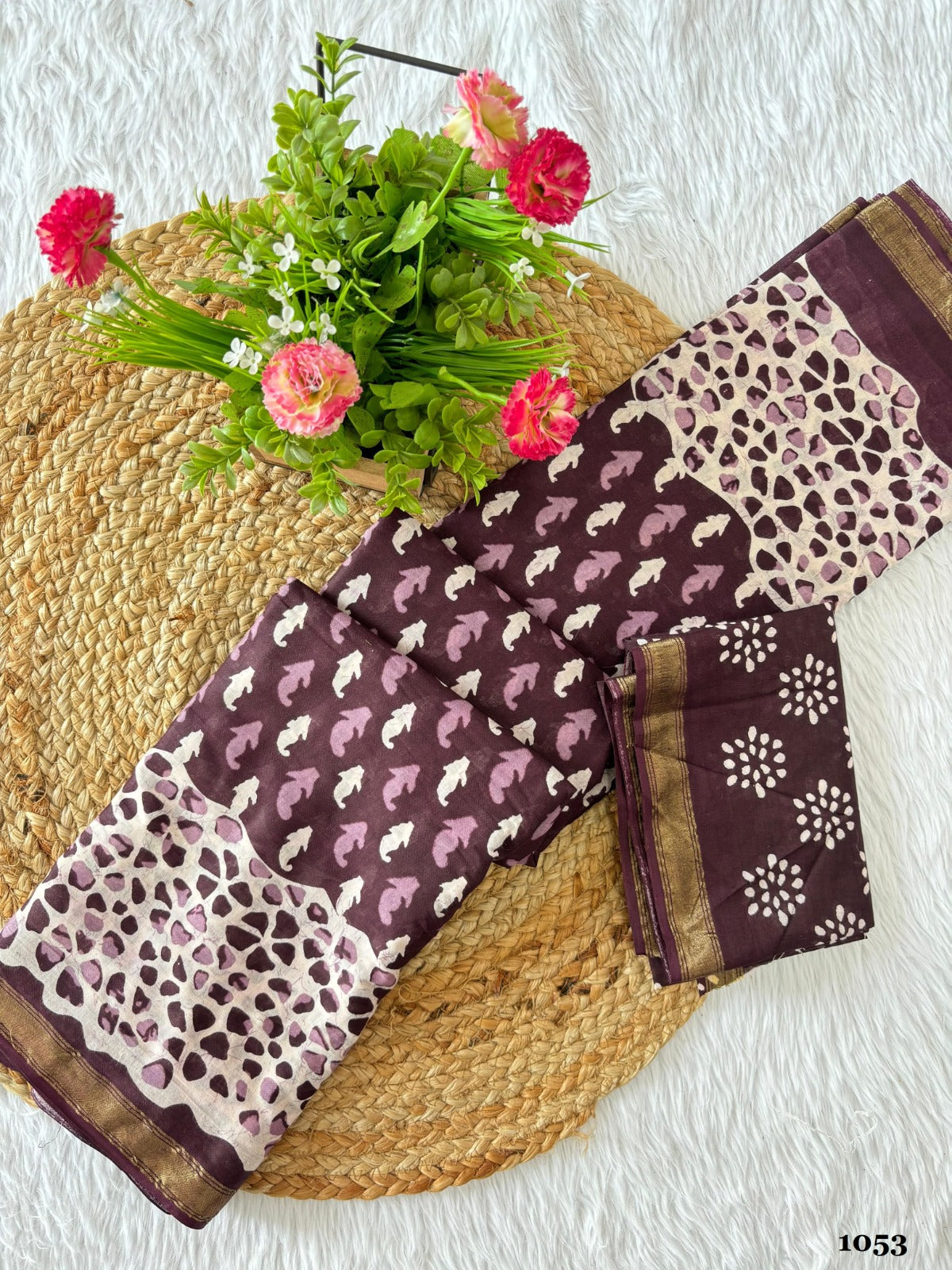 Stone Flower Printed Cotton Saree with Un-stitched Blouse