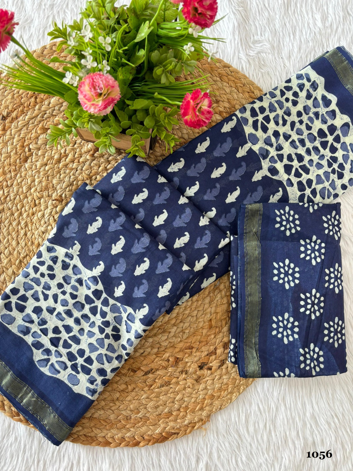 Stone Flower Printed Cotton Saree with Un-stitched Blouse