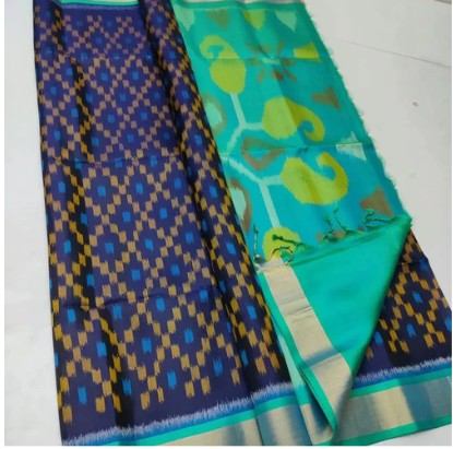Ikkat Printed Blue Handloom Silk Saree