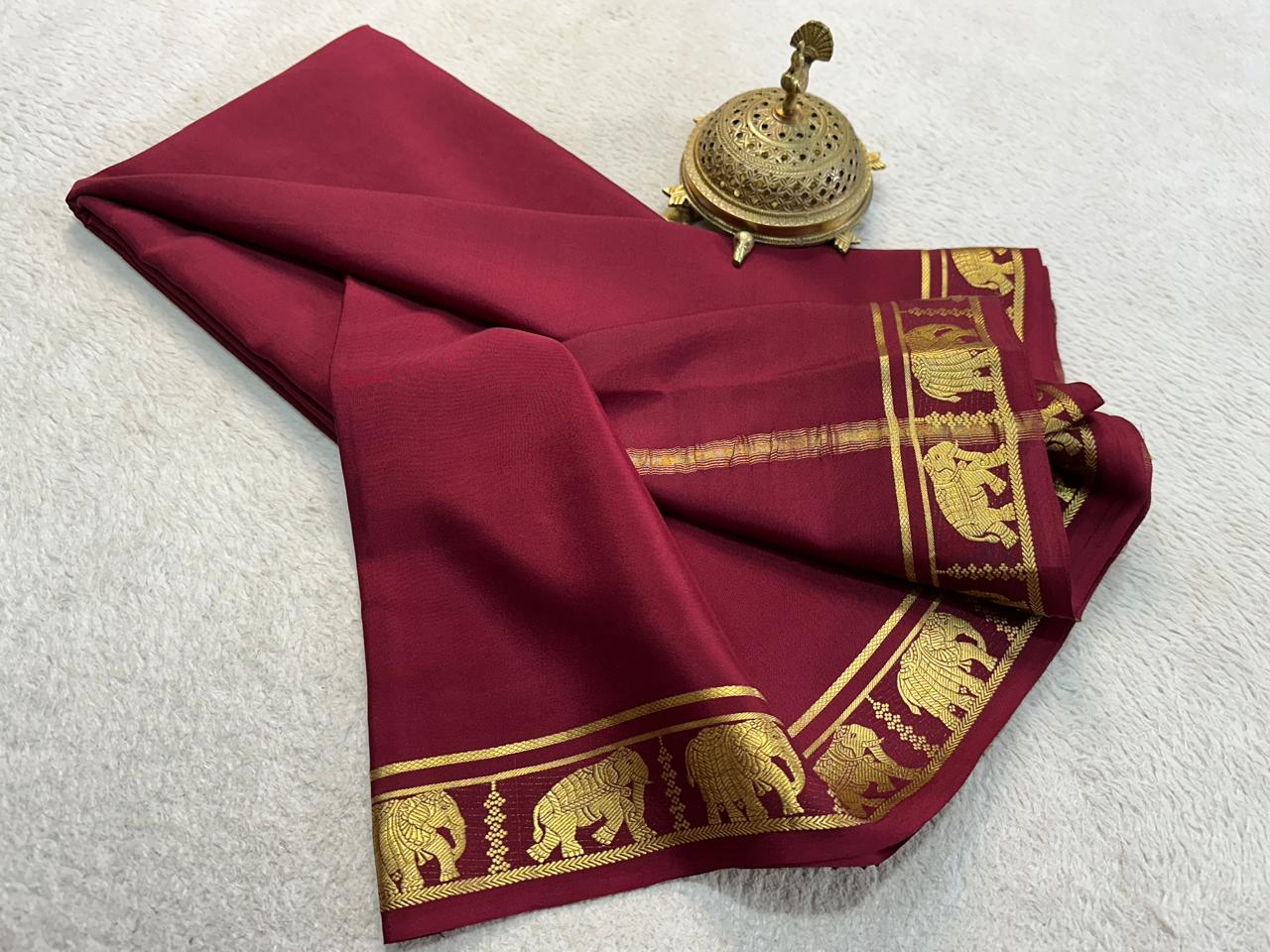 Chocolate Brown Mysore Crepe Silk Saree With Elephant Zari Border
