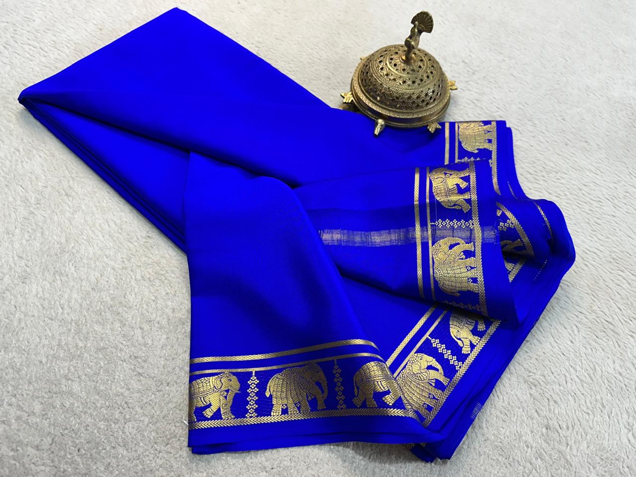 Blue Colour Mysore Crepe Silk Saree With Elephant Zari Border