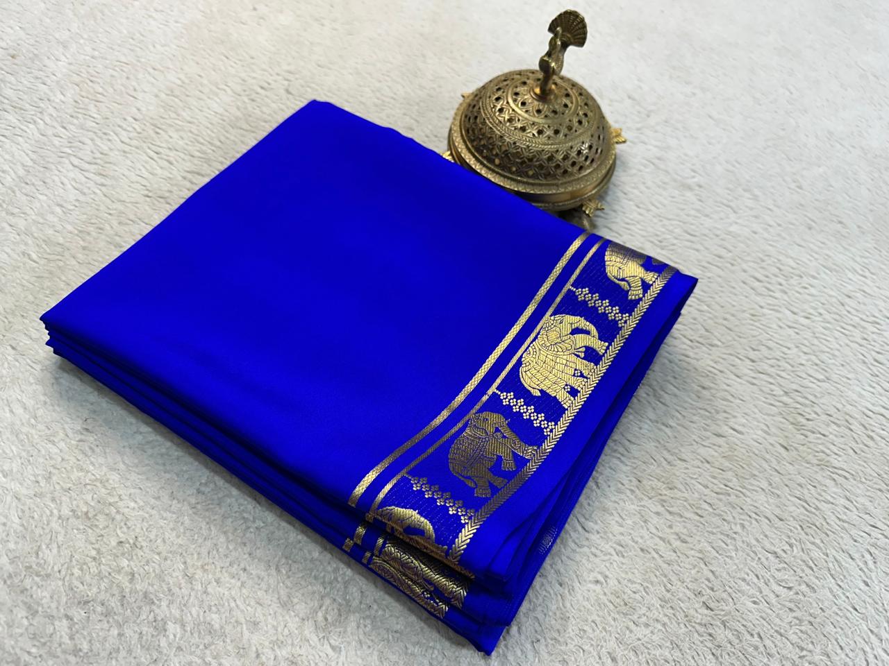 Blue Colour Mysore Crepe Silk Saree With Elephant Zari Border