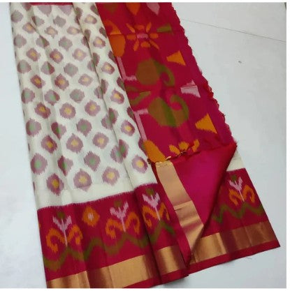 Ikkat Printed White & Red Handloom Silk Saree