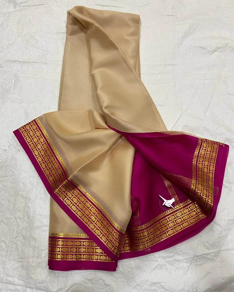 Chiku & Pink Colour Pure Mysore Silk Saree With Golden Zari Border