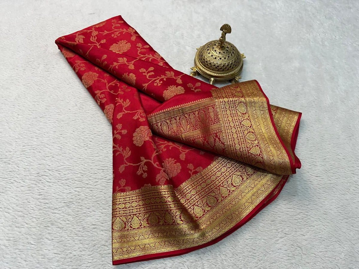 Ruby Red Pure Brocade Mysore Sillk Saree With Gold & Silver Zari Border