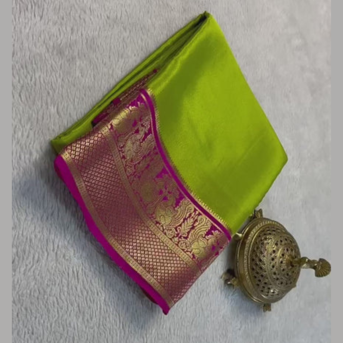 Olive Green Pure Mysore Silk Saree With Beautiful Zari Border