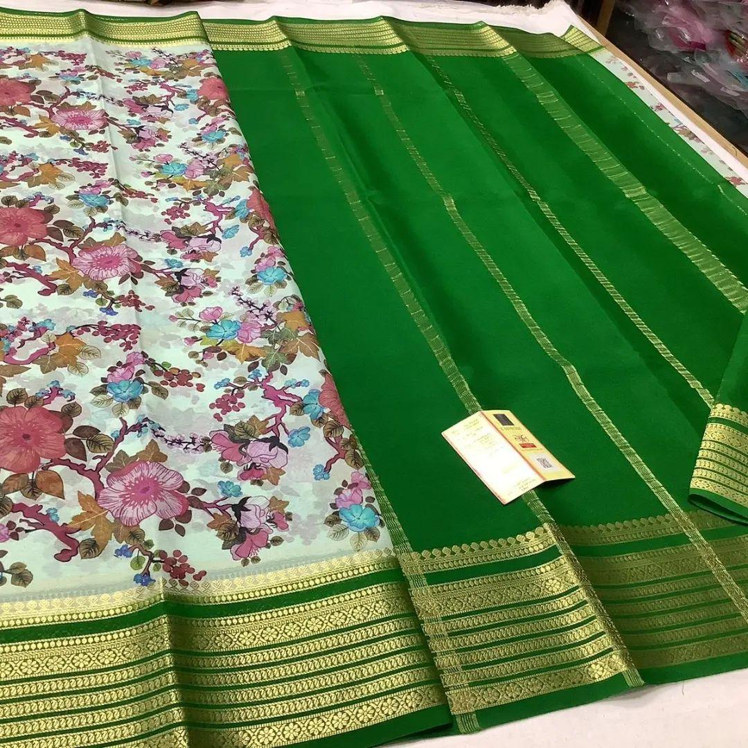 Mysore Flower Printed Crepe Silk Saree For Festive Wear