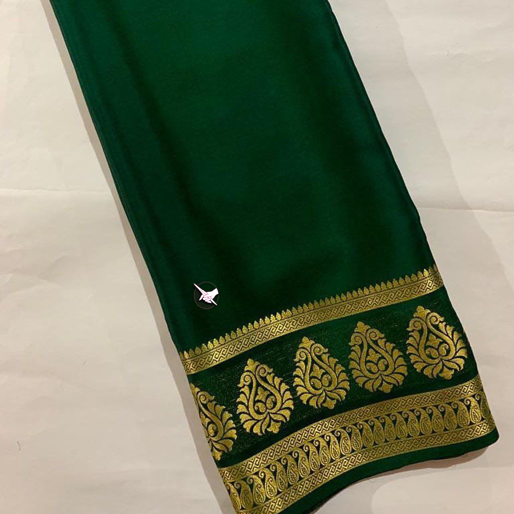 Dark Green Colour Pure Mysore Silk Saree With Golden Zari Border