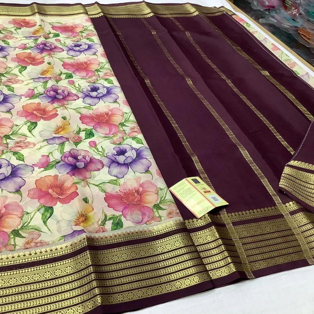Mysore Floral Printed Crepe Silk Saree for Traditional Wear