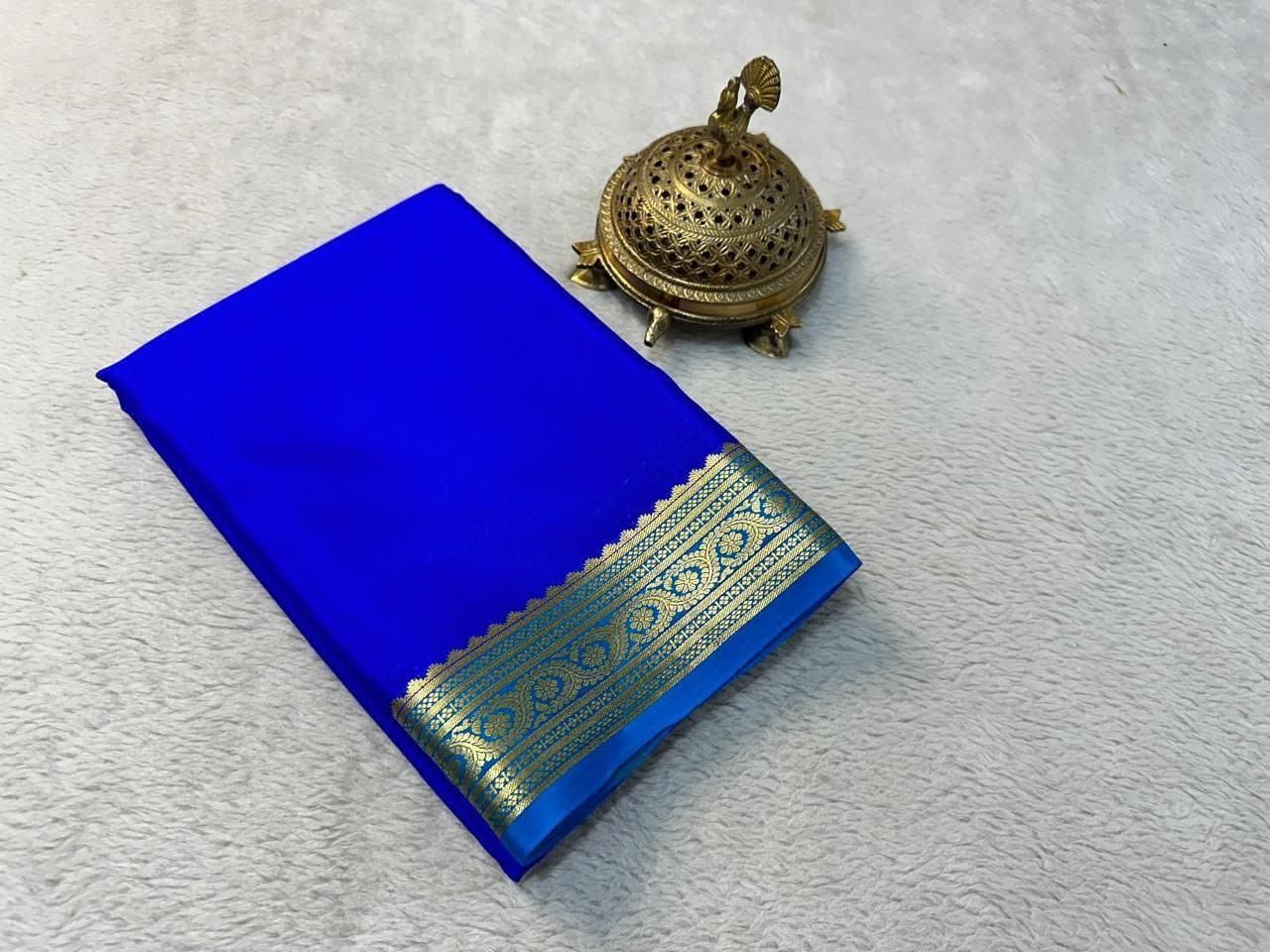 Medium Blue Pure Mysore Silk Saree With Beautiful Zari Border