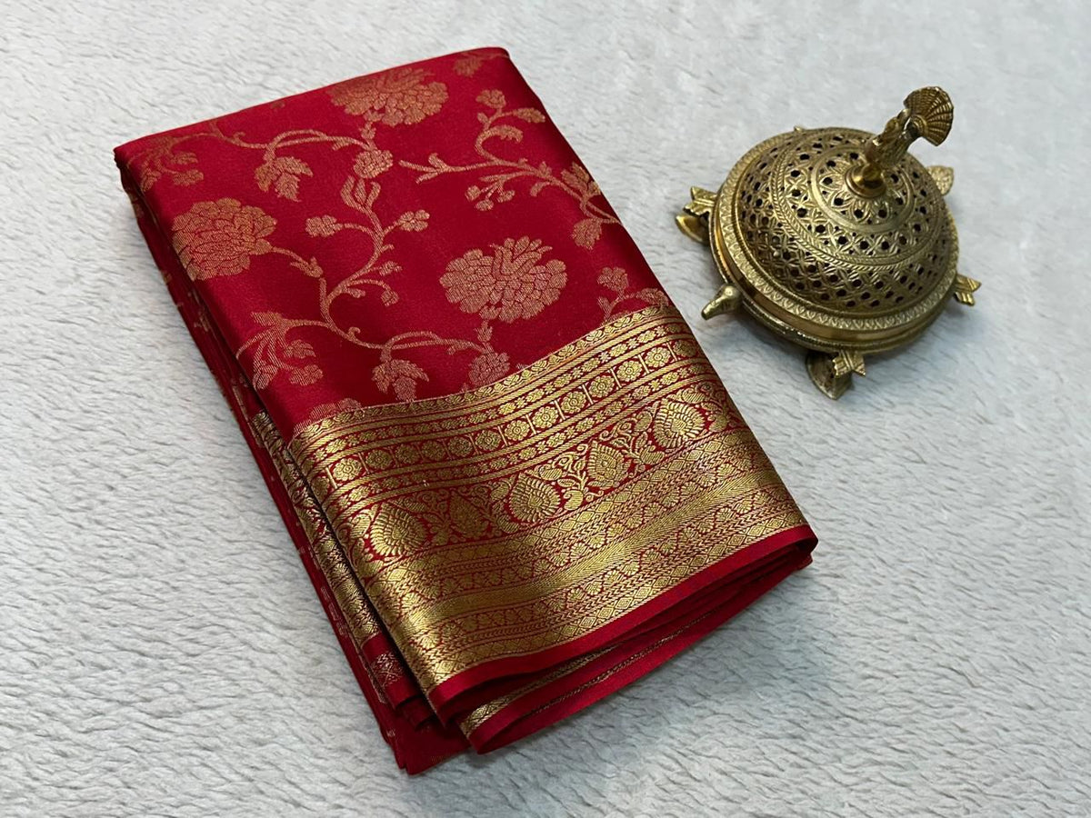 Ruby Red Pure Brocade Mysore Sillk Saree With Gold & Silver Zari Border