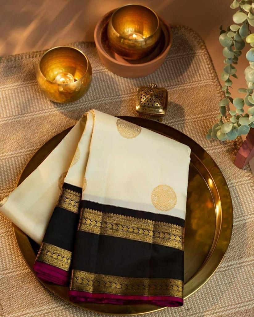 White & Black Color Kanjivaram Silk Jacquard Work Saree With Golden Zari Weaving