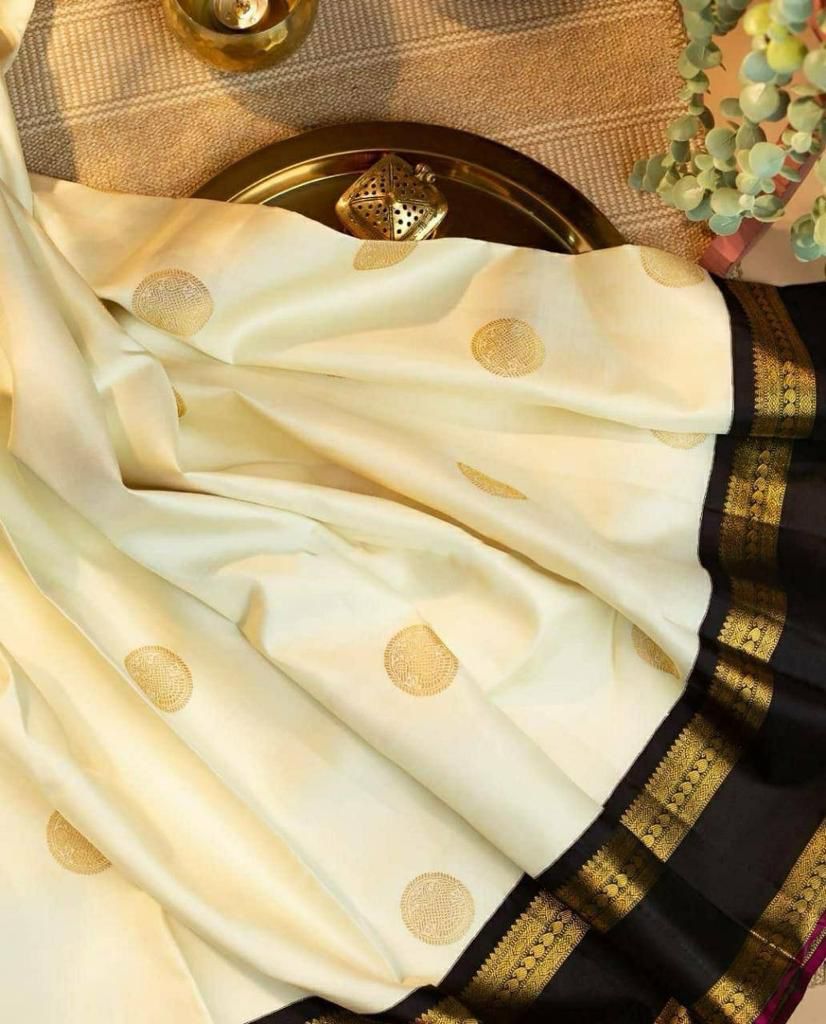 White & Black Color Kanjivaram Silk Jacquard Work Saree With Golden Zari Weaving