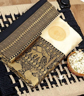 White & Black Color Kanjivaram Silk Jacquard Work Saree With Golden Zari Weaving