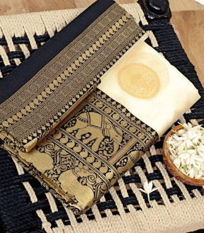 White & Black Color Kanjivaram Silk Jacquard Work Saree With Golden Zari Weaving