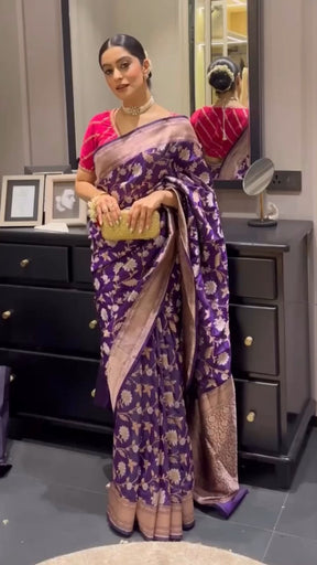 Purple Taupe Banarasi Silk Saree With Rich Pallu & Jhalar
