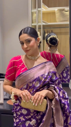 Purple Taupe Banarasi Silk Saree With Rich Pallu & Jhalar