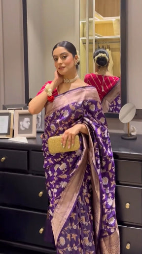Purple Taupe Banarasi Silk Saree With Rich Pallu & Jhalar