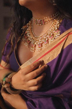 Purple Gold Leaf Motifs Silk Saree