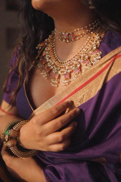 Purple Gold Leaf Motifs Silk Saree