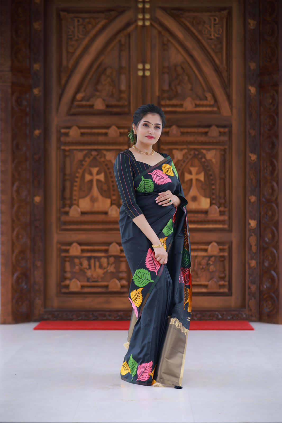 Woven Banarasi Saree with Leaf Contrast Border