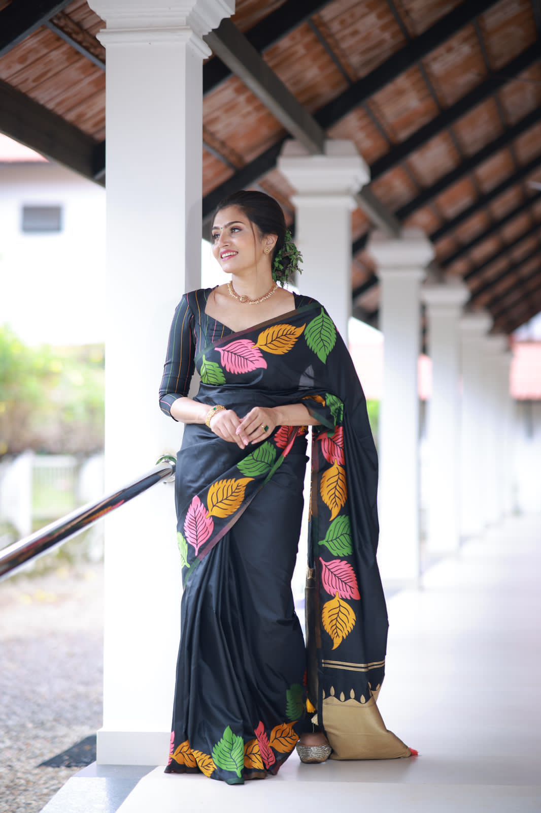 Woven Banarasi Saree with Leaf Contrast Border