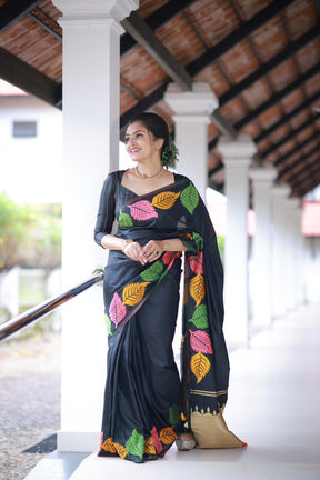 Woven Banarasi Saree with Leaf Contrast Border