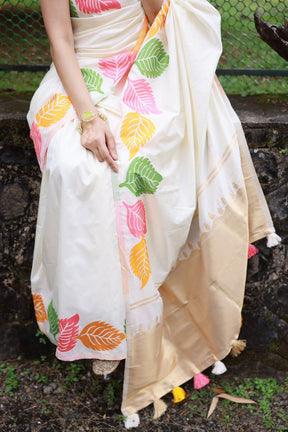 Woven Banarasi Saree with Leaf Contrast Border