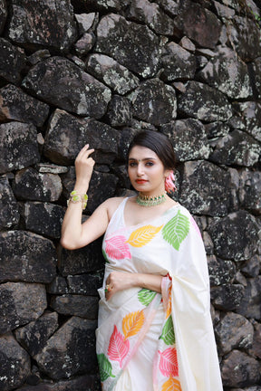 Woven Banarasi Saree with Leaf Contrast Border