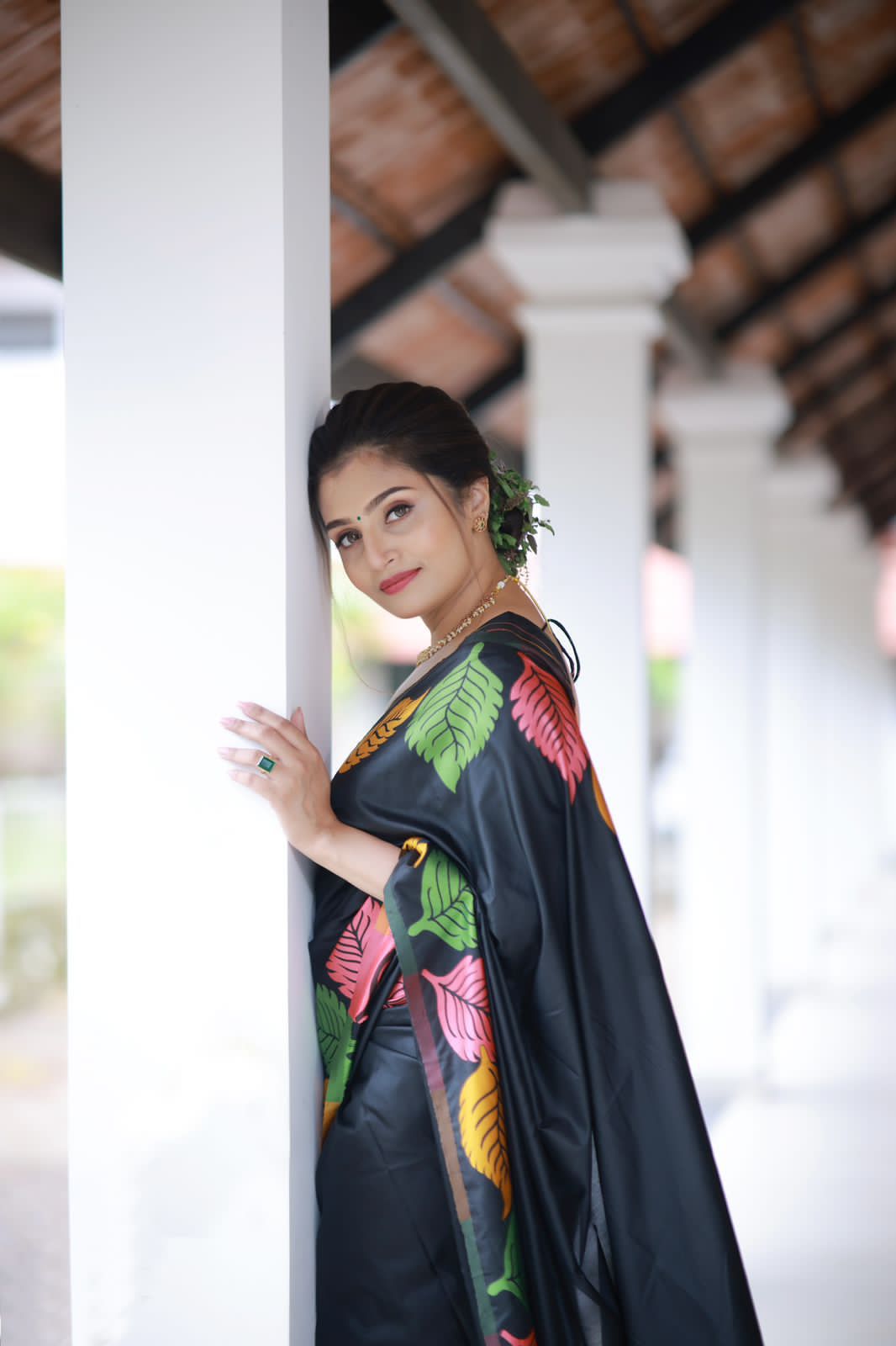 Woven Banarasi Saree with Leaf Contrast Border